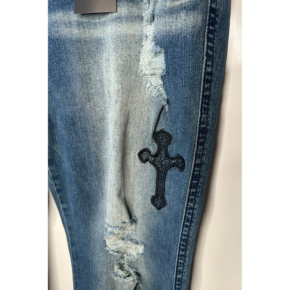 FLAMINGALS Cross Embroidery Ripped Double Button Mid Rise Bootcut Jeans 2XL - Picture 7 of 15